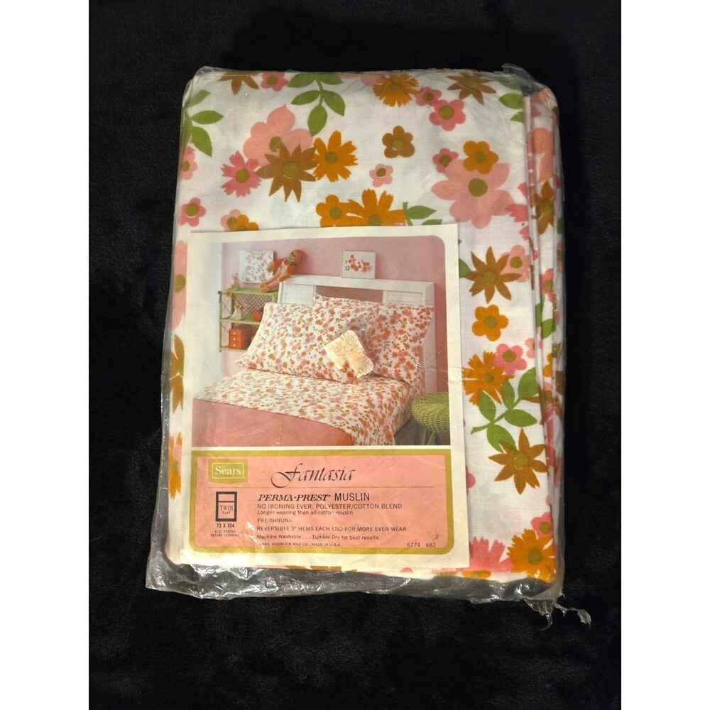 Vintage Sears Fantasia Perma Prest Muslin Twin Flat Sheet Pink - NOS